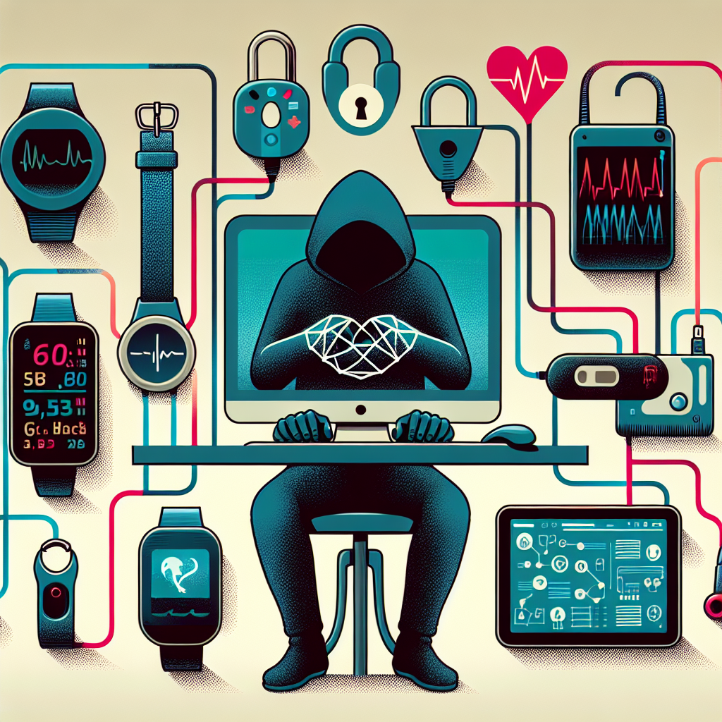 "Illustration of a hacker manipulating a wearable medical device, highlighting the ethical concerns of cybersecurity in health technology. The image visually represents the intersection of technology, privacy, and medical ethics."