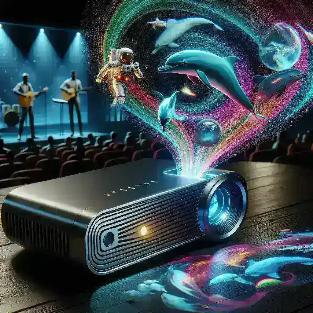 "Samsung's latest portable holographic projector showcased in a modern entertainment setting, highlighting its sleek design and immersive 3D capabilities."