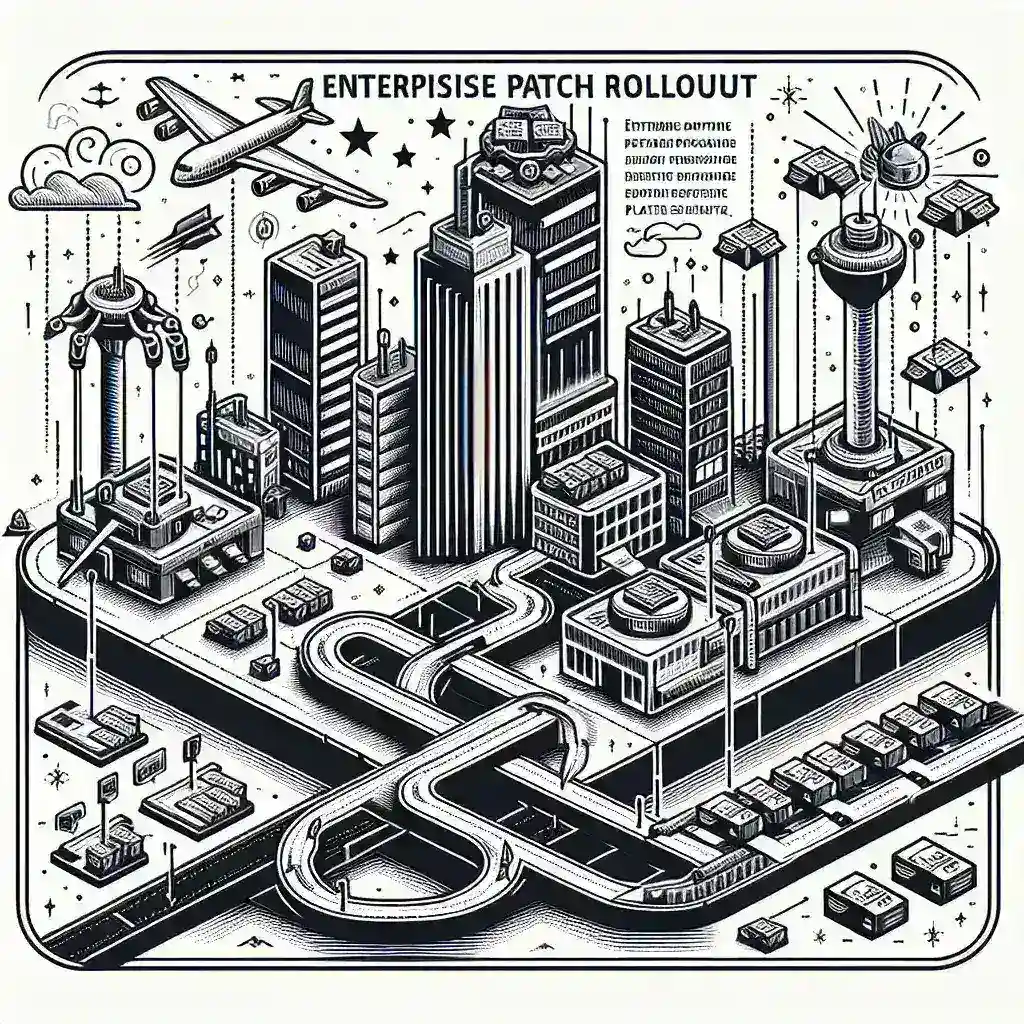 "IT professionals collaborating on enterprise patch rollout platforms, enhancing security updates for large organizations."