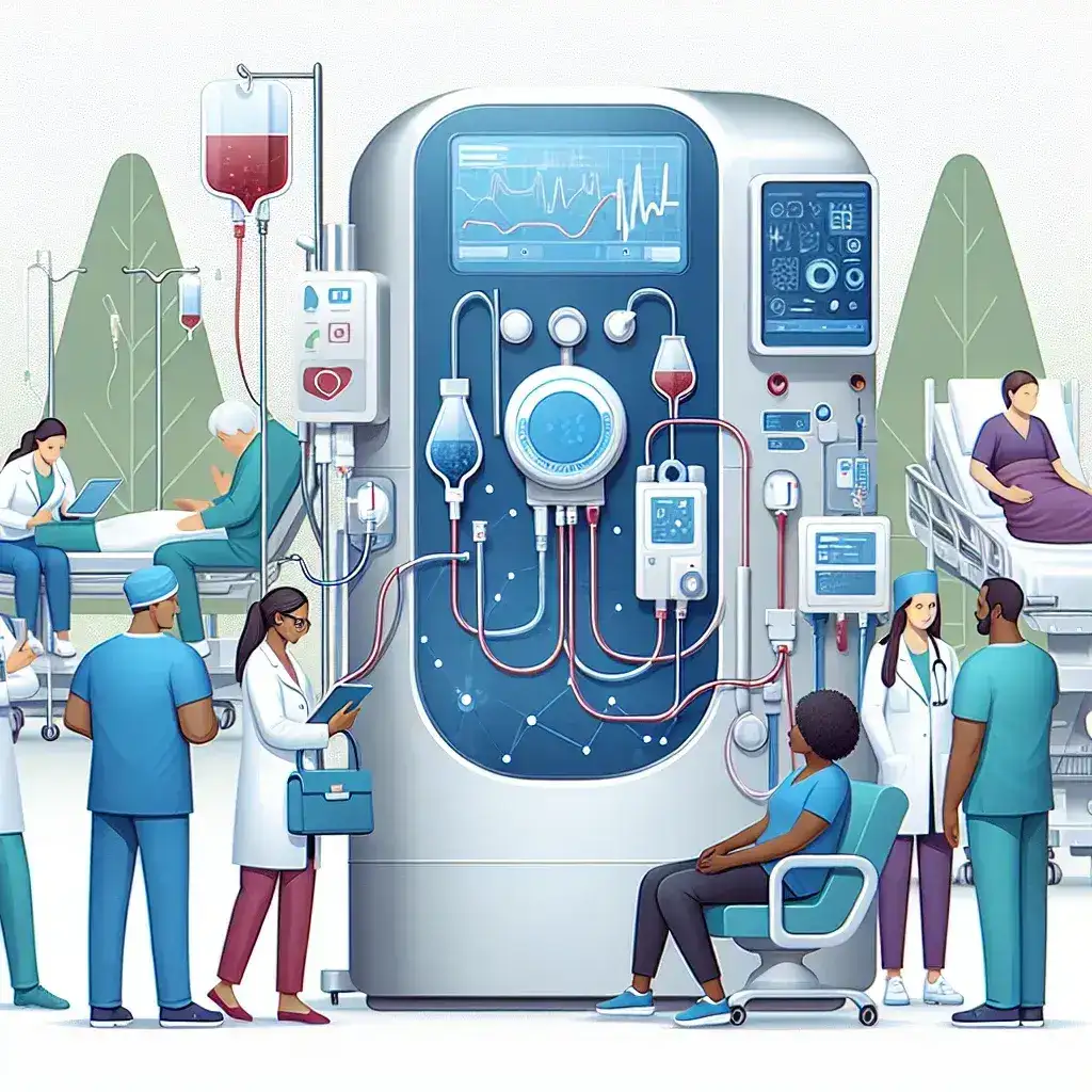 "AI-powered dialysis machine in a hospital setting, enhancing patient care through automation and advanced technology."