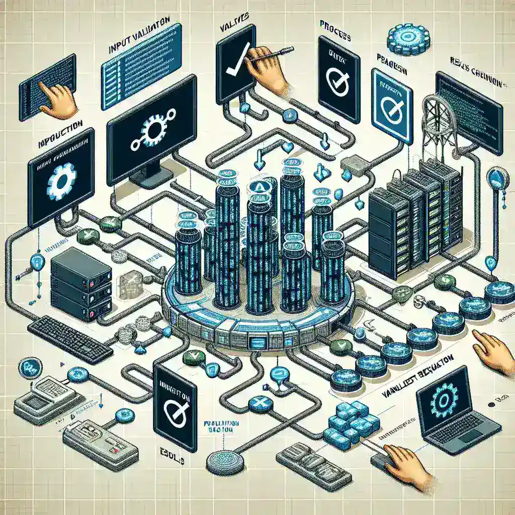 "Person using a computer to explore various tools for end-to-end request validation in APIs, showcasing technical interfaces and coding elements relevant to API development and testing."
