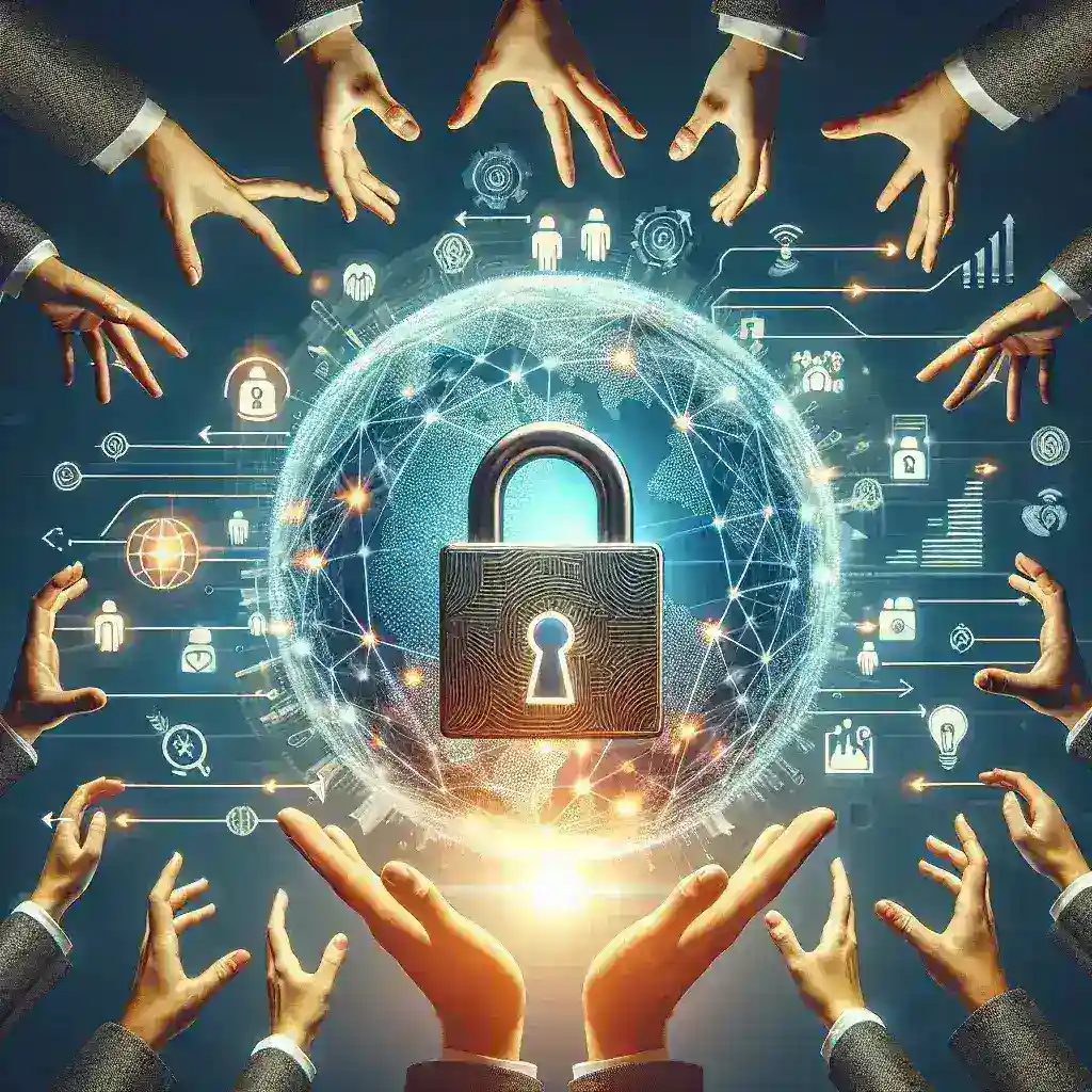 "Illustration of secure data sharing in Open Finance, depicting interconnected financial services and digital security symbols, representing a new era in financial technology."