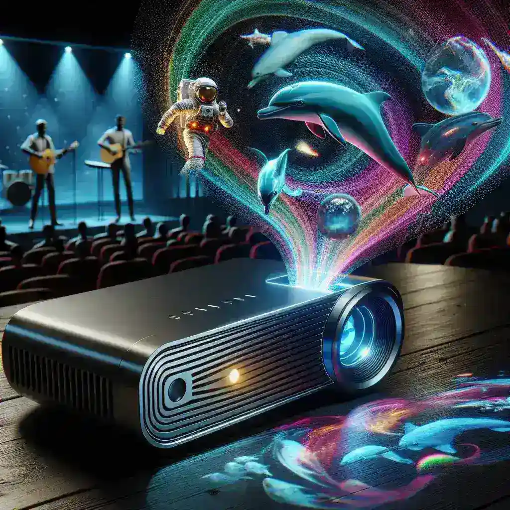 "Samsung's latest portable holographic projector showcased in a modern entertainment setting, highlighting its sleek design and immersive 3D capabilities."